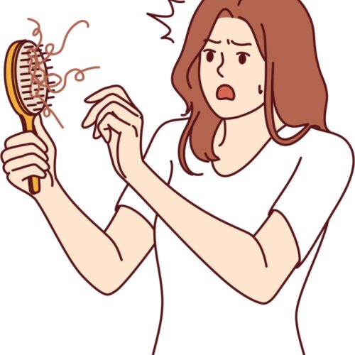 Illustration av kvinna som ser chockad på håravfall i hårborsten – ett vanligt tecken på att håret saknar näring.