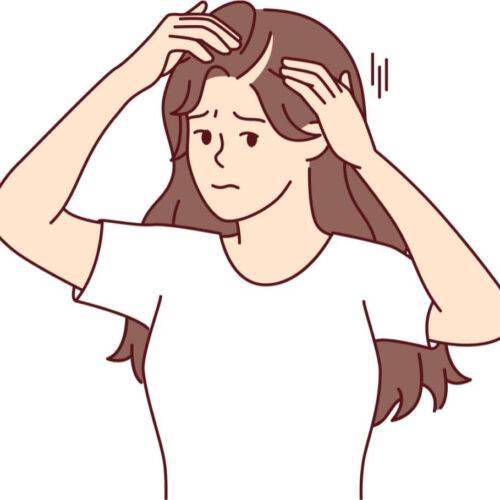 Illustrasjon av kvinne som undersøker et høyere hårfeste – et tidlig tegn på hårtap og næringsmangel.