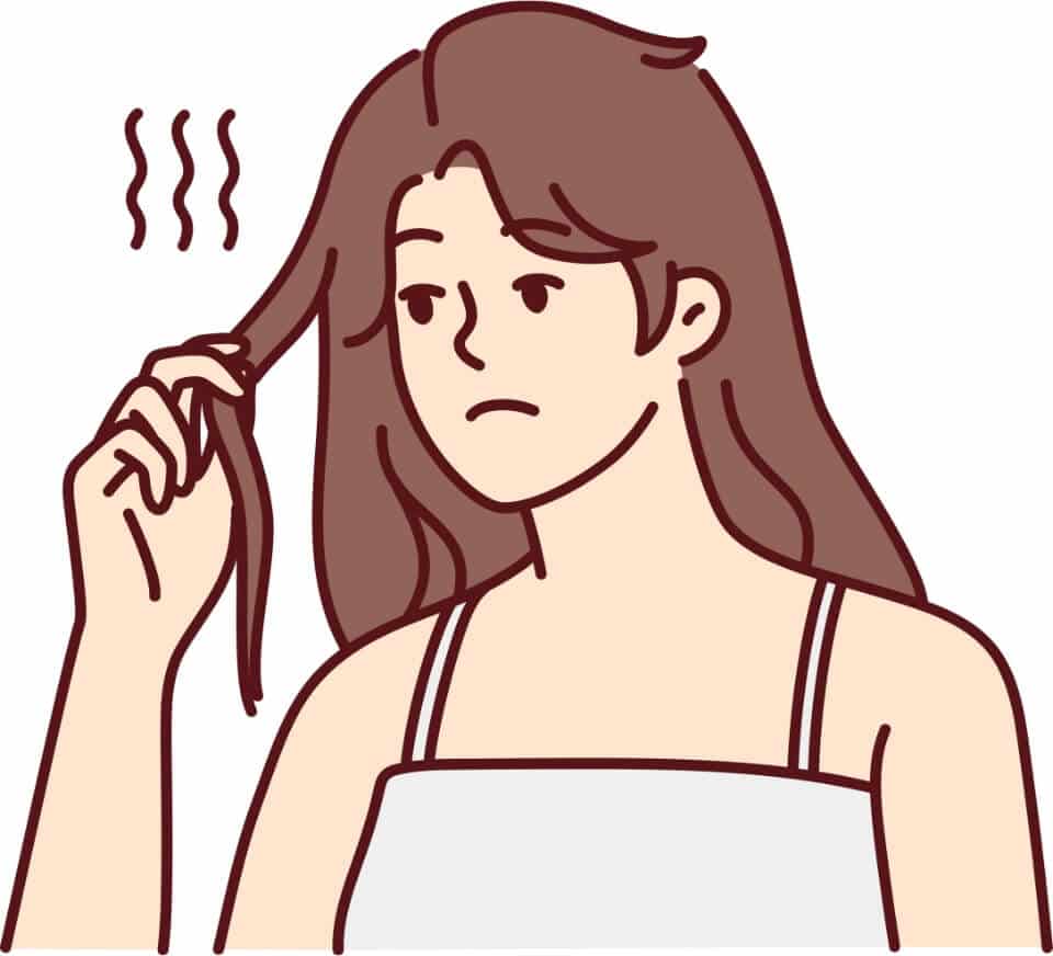 Illustration av kvinna som tittar på slitet och glanslöst hår – ett tecken på att håret saknar näring och fukt.